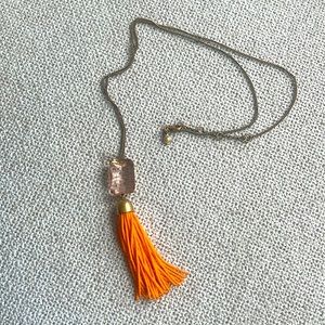 J. Crew Long Gold Chain Light Pink Stone W/Neon Orange Tassel Necklace